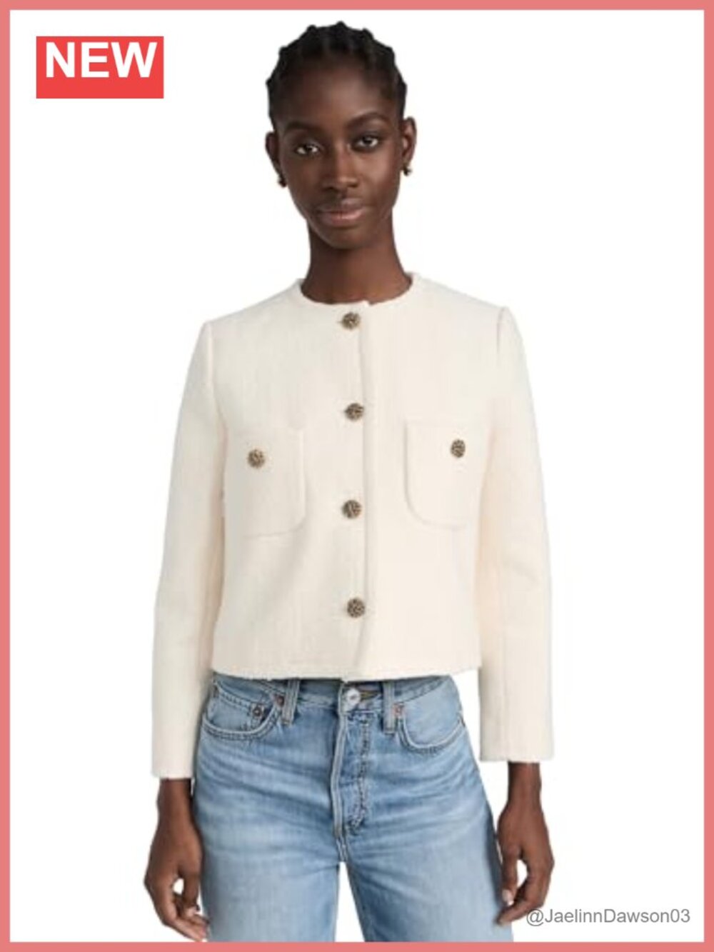 Mid-Weight Non-Stretch Tweed Jacket with Gold-Tone Buttons and Padded Shoulders